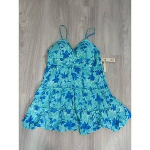 No Boundaries Dress Rose Floral Surplice Tiered XL Pink Ruffle Mini Blue